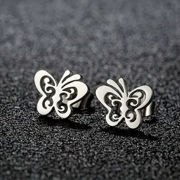 Silver Stainless Steel BUTTERFLY Stud Earrings - Picture 1 of 3